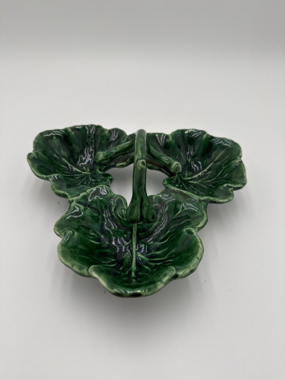 Vintage Green Ceramic Cabbage Leaf Divided Serving Dish 9" MCM Tray